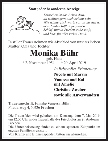 Anzeige von Monika Bühr von  Wochenende 