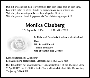 Anzeige von Monika Clauberg von Kölner Stadt-Anzeiger / Kölnische Rundschau / Express