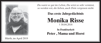 Anzeige von Monika Risse von  Wochenende 