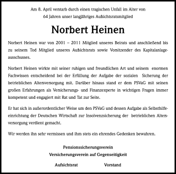 Anzeige von Norbert Heinen von Kölner Stadt-Anzeiger / Kölnische Rundschau / Express