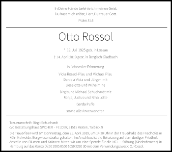 Anzeige von Otto Rossol von Kölner Stadt-Anzeiger / Kölnische Rundschau / Express