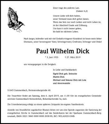 Anzeige von Paul Wilhelm Dick von Kölner Stadt-Anzeiger / Kölnische Rundschau / Express