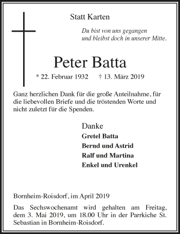 Anzeige von Peter Batta von  Schaufenster/Blickpunkt 