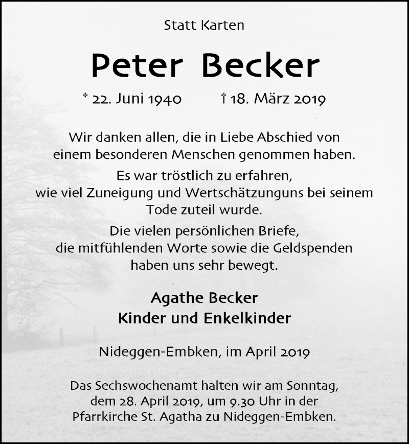 Traueranzeige für Peter Becker vom 27.04.2019 aus  Blickpunkt Euskirchen 