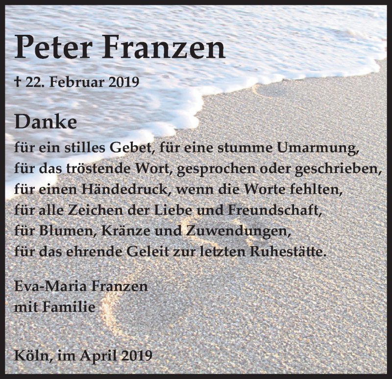  Traueranzeige für Peter Franzen vom 06.04.2019 aus Kölner Stadt-Anzeiger / Kölnische Rundschau / Express