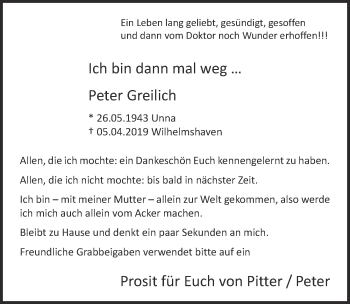 Anzeige von Peter Greilich von  Kölner Wochenspiegel 