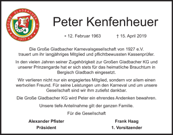 Anzeige von Peter Kenfenheuer von Kölner Stadt-Anzeiger / Kölnische Rundschau / Express