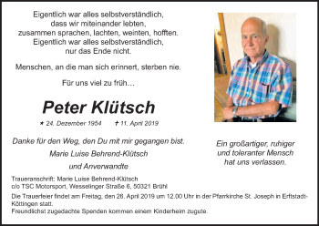 Anzeige von Peter Klütsch von Kölner Stadt-Anzeiger / Kölnische Rundschau / Express
