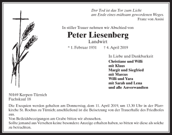 Anzeige von Peter Liesenberg von  Werbepost 