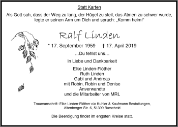 Anzeige von Raf Linden von  Leverkusener Wochenende 
