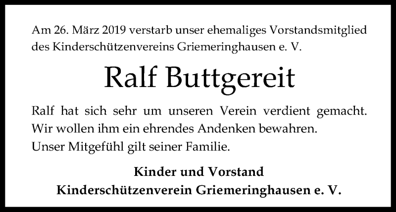  Traueranzeige für Ralf Buttgereit vom 06.04.2019 aus Kölner Stadt-Anzeiger / Kölnische Rundschau / Express