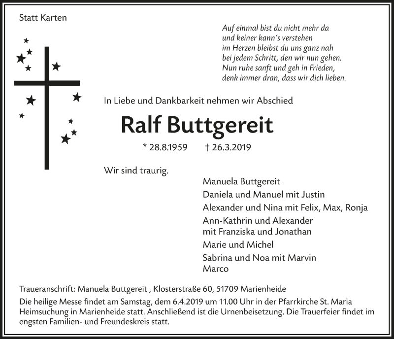  Traueranzeige für Ralf Buttgereit vom 03.04.2019 aus  Anzeigen Echo 