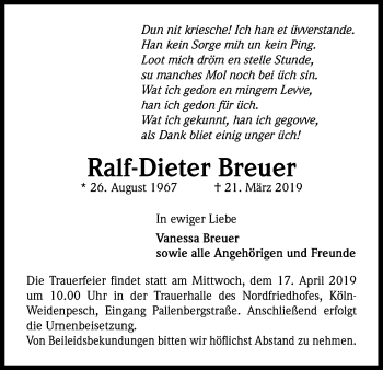 Anzeige von Ralf-Dieter Breuer von Kölner Stadt-Anzeiger / Kölnische Rundschau / Express