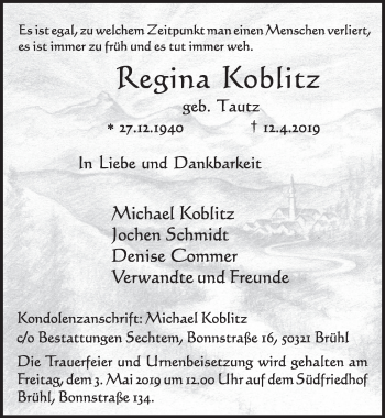 Anzeige von Regina Koblitz von  Schlossbote/Werbekurier 