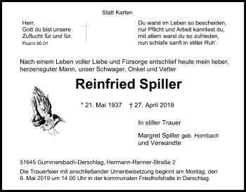 Anzeige von Reinfried Spiller von Kölner Stadt-Anzeiger / Kölnische Rundschau / Express