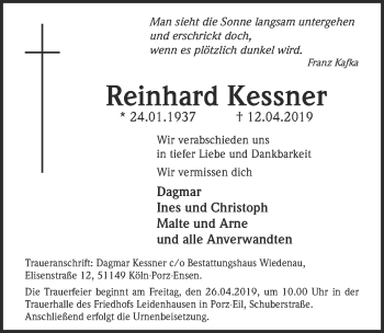 Anzeige von Reinhard Kessner von  Kölner Wochenspiegel 