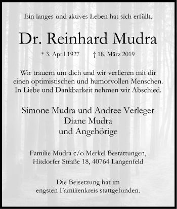 Anzeige von Reinhard Mudra von Kölner Stadt-Anzeiger / Kölnische Rundschau / Express
