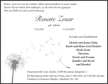 Anzeige von Renate Zesar von Kölner Stadt-Anzeiger / Kölnische Rundschau / Express