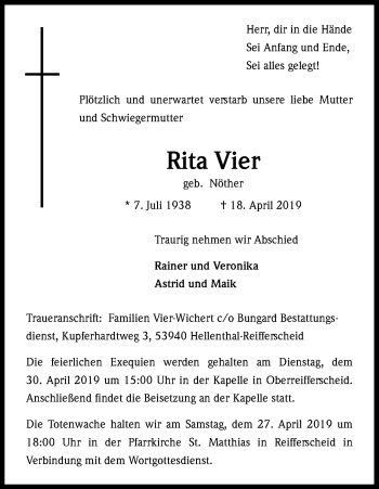Anzeige von Rita Vier von Kölner Stadt-Anzeiger / Kölnische Rundschau / Express