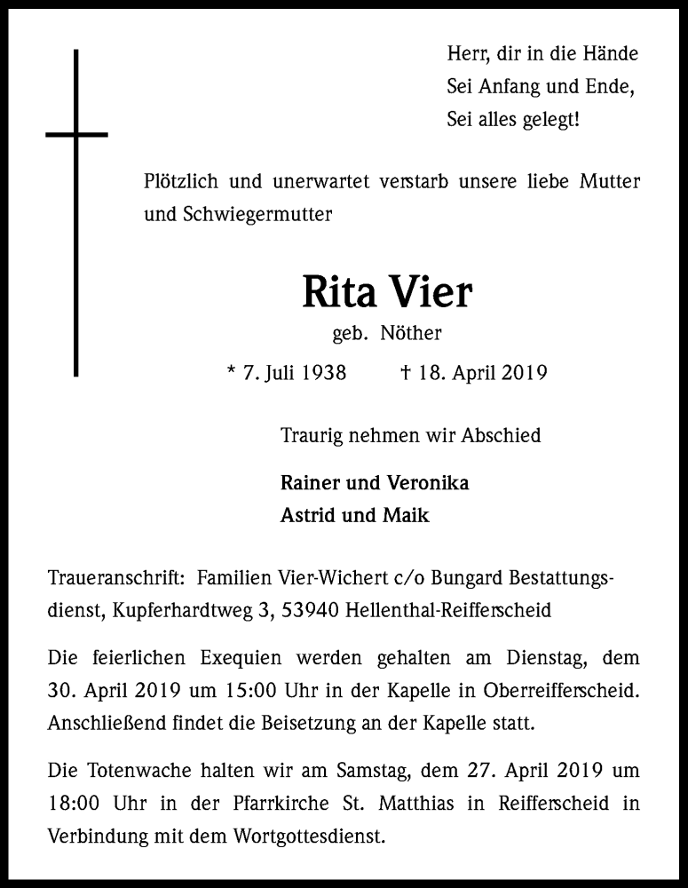  Traueranzeige für Rita Vier vom 25.04.2019 aus Kölner Stadt-Anzeiger / Kölnische Rundschau / Express