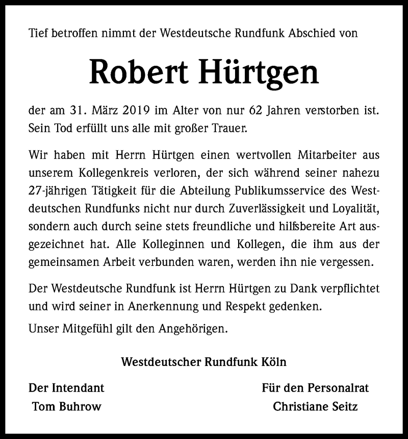  Traueranzeige für Robert Hürtgen vom 10.04.2019 aus Kölner Stadt-Anzeiger / Kölnische Rundschau / Express