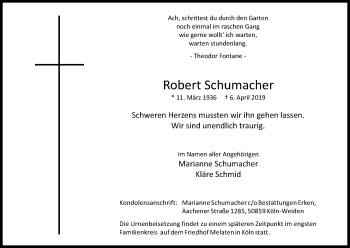 Anzeige von Robert Schumacher von Kölner Stadt-Anzeiger / Kölnische Rundschau / Express