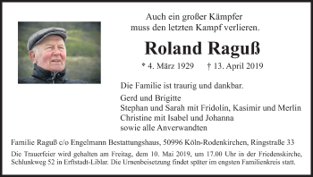 Anzeige von Roland Raguß von Kölner Stadt-Anzeiger / Kölnische Rundschau / Express