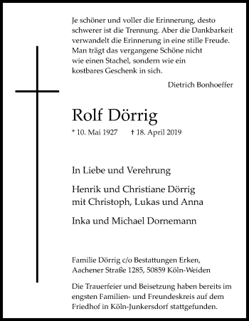 Anzeige von Rolf Dörrig von Kölner Stadt-Anzeiger / Kölnische Rundschau / Express