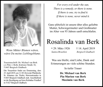 Anzeige von Rosalinda van Berk von Kölner Stadt-Anzeiger / Kölnische Rundschau / Express