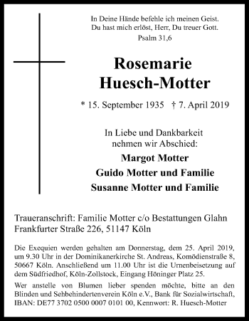 Anzeige von Rosemarie Huesch-Motter von Kölner Stadt-Anzeiger / Kölnische Rundschau / Express