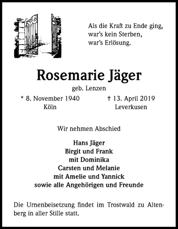 Anzeige von Rosemarie Jäger von Kölner Stadt-Anzeiger / Kölnische Rundschau / Express
