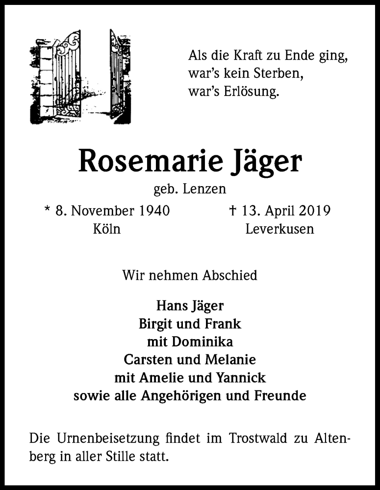  Traueranzeige für Rosemarie Jäger vom 27.04.2019 aus Kölner Stadt-Anzeiger / Kölnische Rundschau / Express