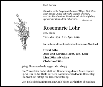 Anzeige von Rosemarie Löhr von Kölner Stadt-Anzeiger / Kölnische Rundschau / Express