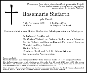 Anzeige von Rosemarie Siefarth von Kölner Stadt-Anzeiger / Kölnische Rundschau / Express