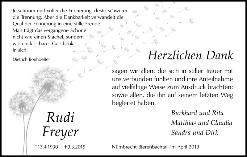  Traueranzeige für Rudi Freyer vom 13.04.2019 aus Kölner Stadt-Anzeiger / Kölnische Rundschau / Express