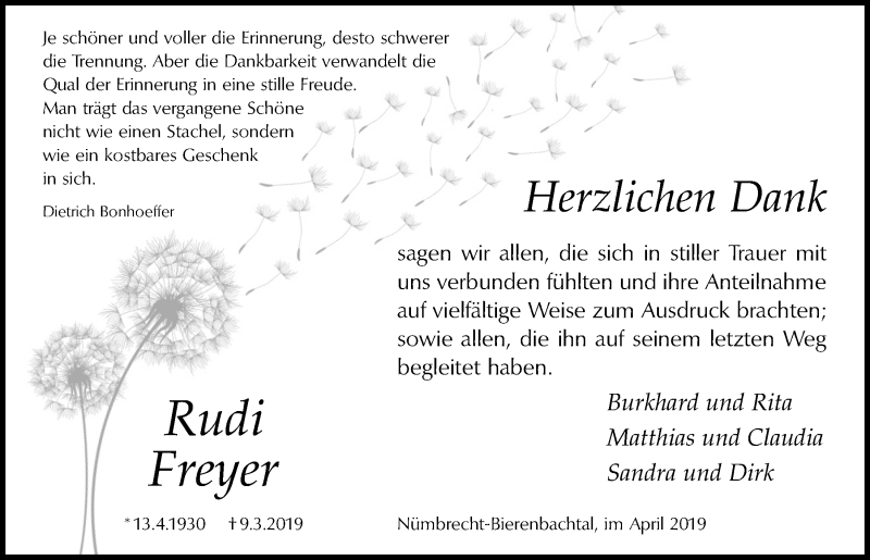  Traueranzeige für Rudi Freyer vom 17.04.2019 aus  Lokalanzeiger 