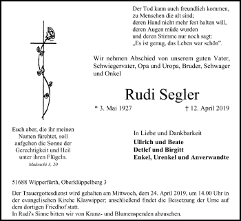 Anzeige von Rudi Segler von Kölner Stadt-Anzeiger / Kölnische Rundschau / Express