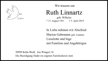 Anzeige von Ruth Linnartz von Kölner Stadt-Anzeiger / Kölnische Rundschau / Express