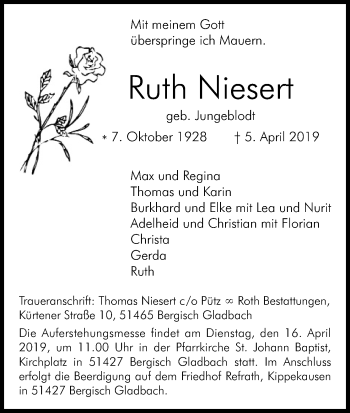 Anzeige von Ruth Niesen von Kölner Stadt-Anzeiger / Kölnische Rundschau / Express