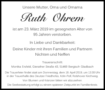 Anzeige von Ruth Ohrem von Kölner Stadt-Anzeiger / Kölnische Rundschau / Express