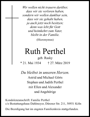 Anzeige von Ruth Perthel von Kölner Stadt-Anzeiger / Kölnische Rundschau / Express