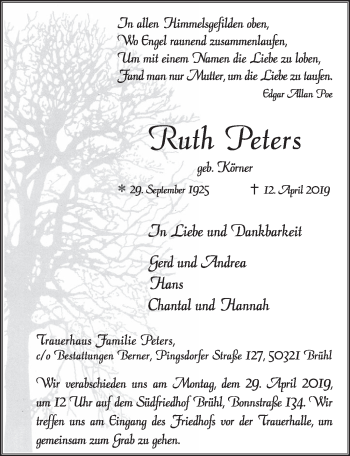 Anzeige von Ruth Peters von  Schlossbote/Werbekurier 
