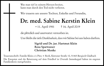 Anzeige von Sabine Kerstin Klein von Kölner Stadt-Anzeiger / Kölnische Rundschau / Express