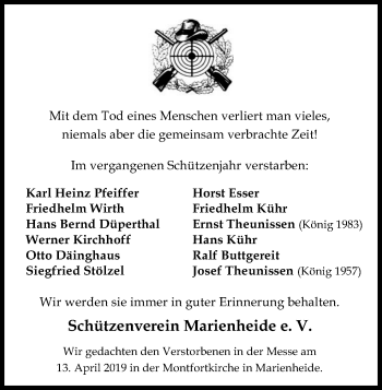 Anzeige von Schützenverein Marienheide e.V. gedenkt von Kölner Stadt-Anzeiger / Kölnische Rundschau / Express