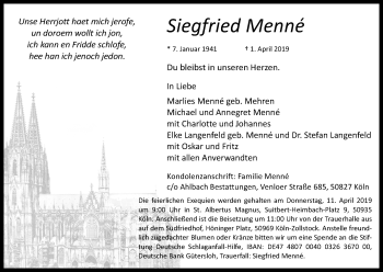 Anzeige von Siegfried Menné von Kölner Stadt-Anzeiger / Kölnische Rundschau / Express