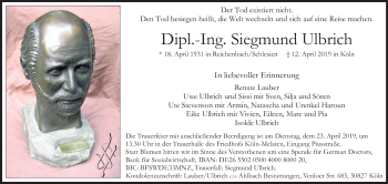 Anzeige von Siegmund Ulbrich von Kölner Stadt-Anzeiger / Kölnische Rundschau / Express