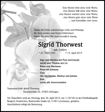 Anzeige von Sigrid Thorwest von Kölner Stadt-Anzeiger / Kölnische Rundschau / Express