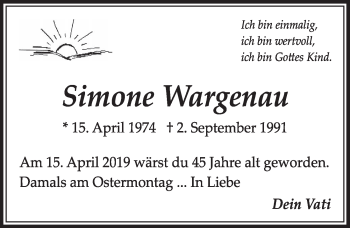 Anzeige von Simone Wargenau von  Sonntags-Post 