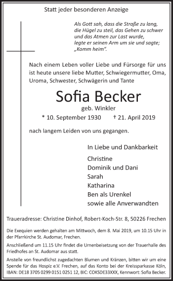 Anzeige von Sofia Becker von  Sonntags-Post 