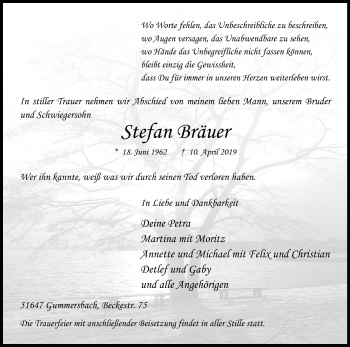 Anzeige von Stefan Bräuer von Kölner Stadt-Anzeiger / Kölnische Rundschau / Express